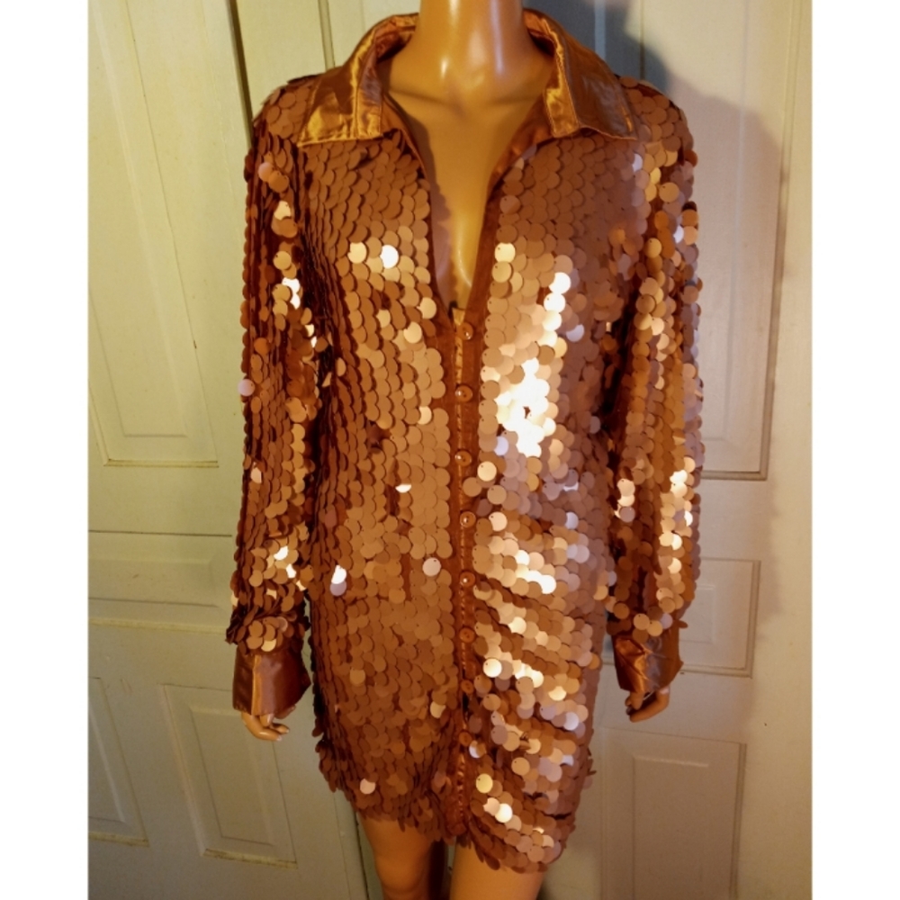 NWT pailettes sequined tunic dress jacket copper satin trim JLUXLABEL M